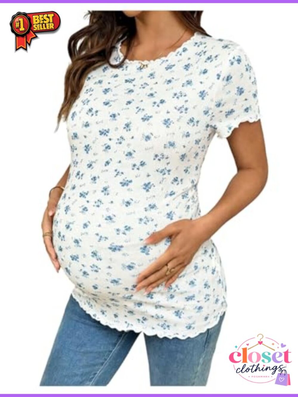 Maternity Floral Short Sleeve Ribbed T-Shirt Lettuce Trim Summer Pregnancy Top